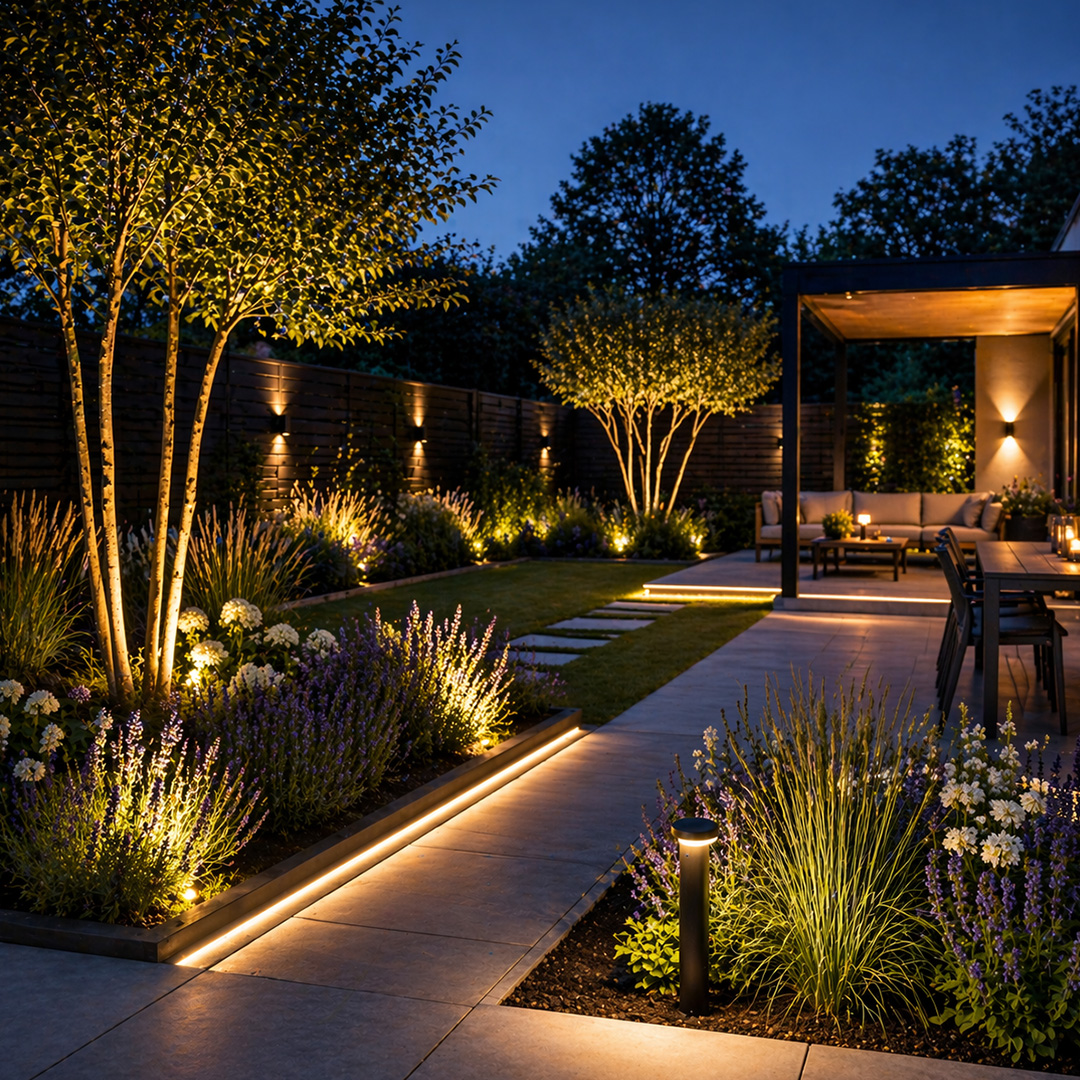 moderne tuin met tuinverlichting