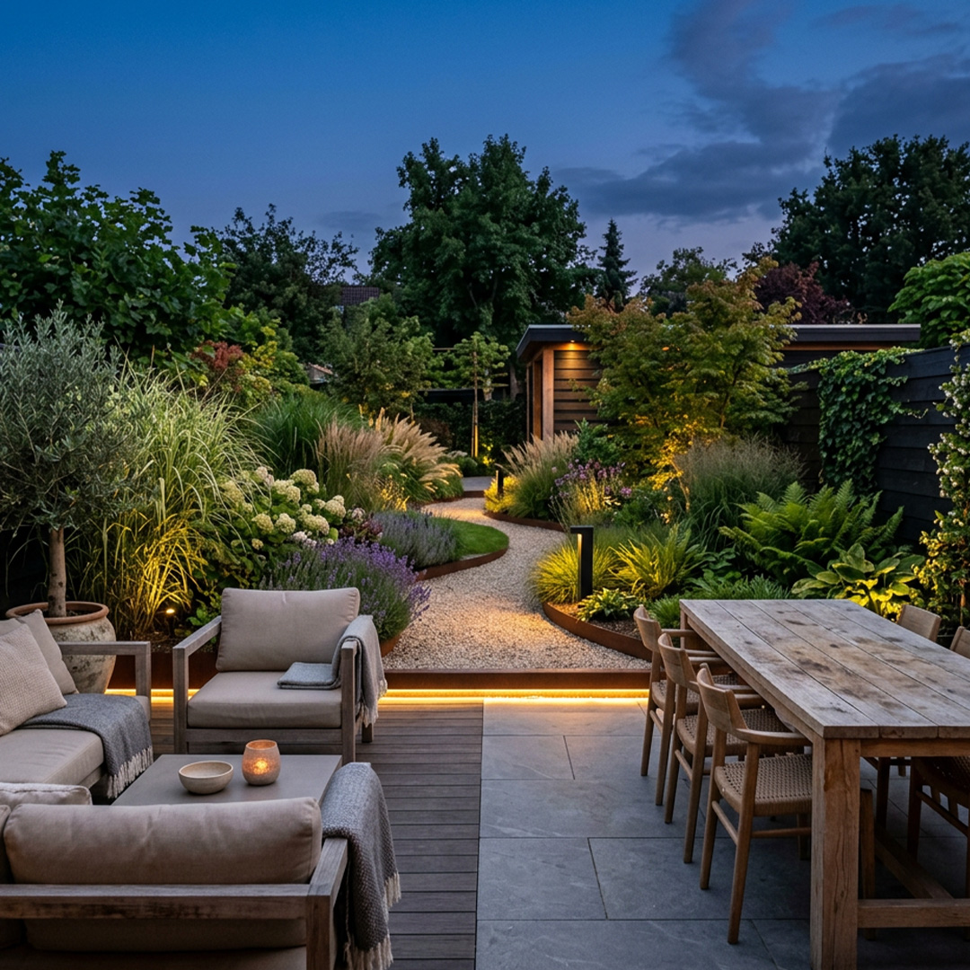 tuin met tuinverlichting
